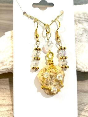 113. Cozumel beach stone necklace with matching crystal and gold tone beads